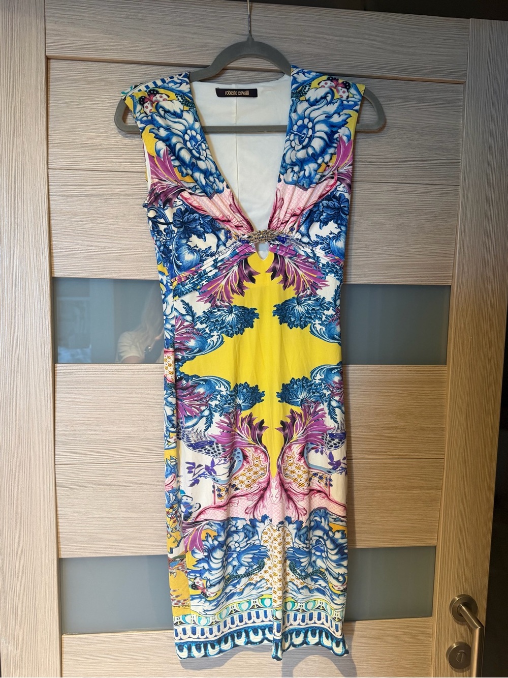 Roberto Cavalli Yellow, Blue & Pink Baroque Floral V-Neck Dress